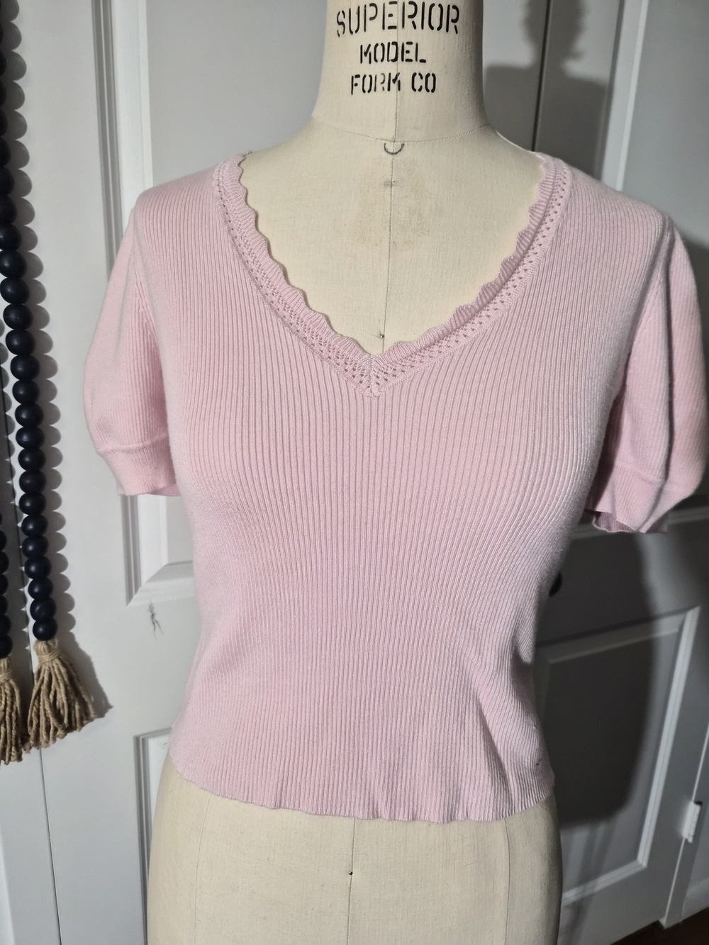 Marled Mauve Ribbed V-Neck Short Sleeve Top